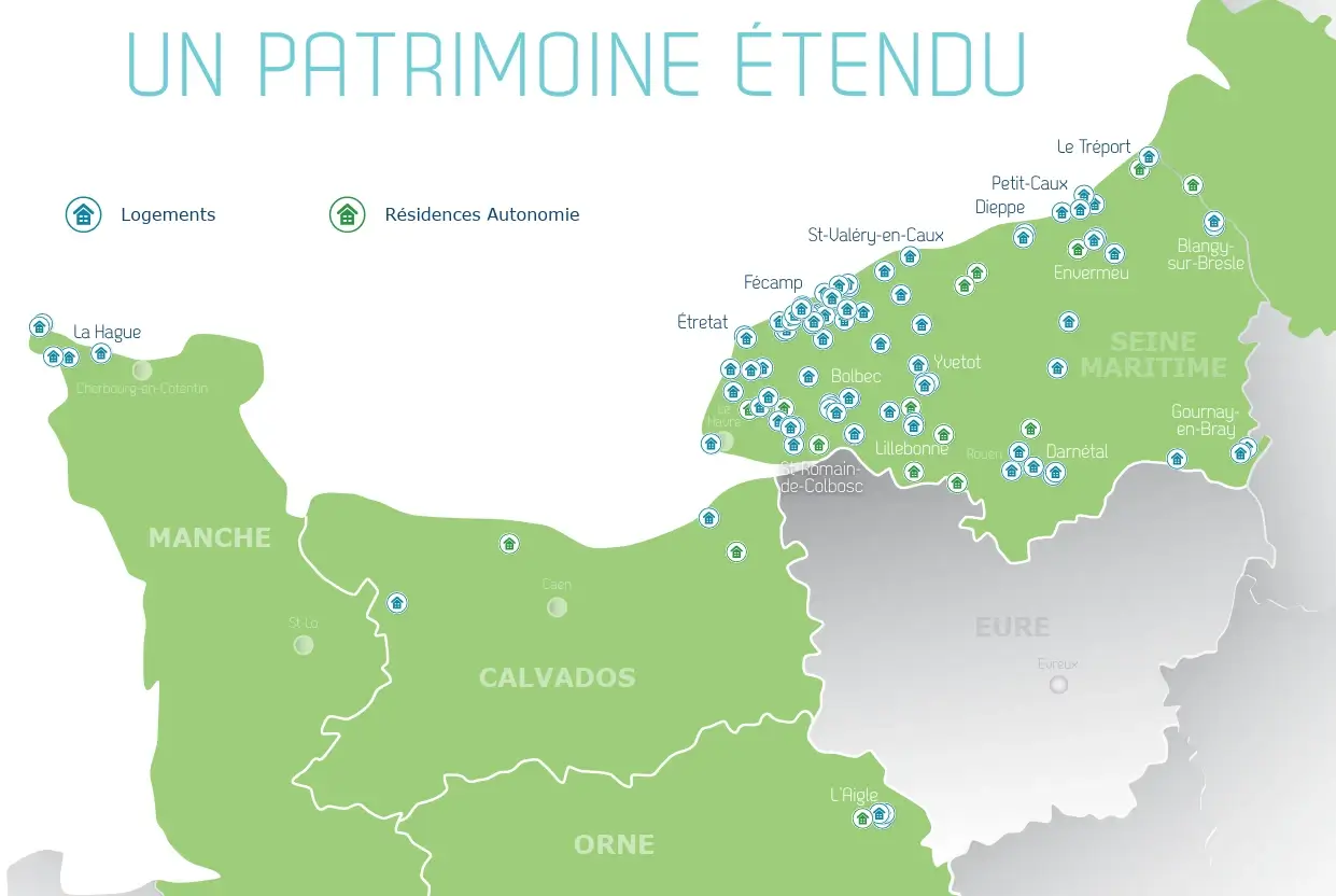 Une carte de Normandie avec emplacements des logements