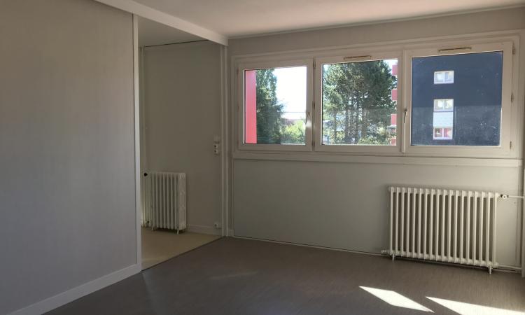 Pièce de vie avec une fenêtre à trois battants donnant sur un parc. Cette pièce est également équipée de 2 radiateurs sur murs blanc.