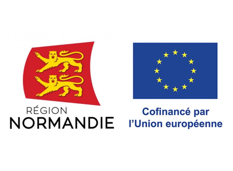 Logos de la Région Normandie et du projet bénéficiaire de l'Union Européenne cote à cote