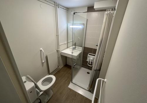Salle d'eau équipée d'une douche PMR avec fauteuil, d'un WC ainsi que d'un lavabo, des rampes sont également disposés dans la salle d'eau afin de faciliter le déplacement PMR. Tuyaux apparents sur le mur.